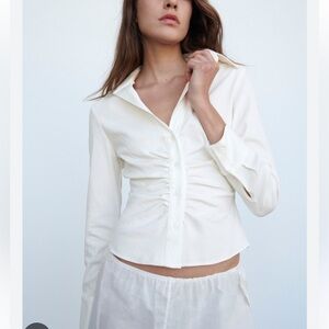 Zara ruched collared button down shirt size xs white